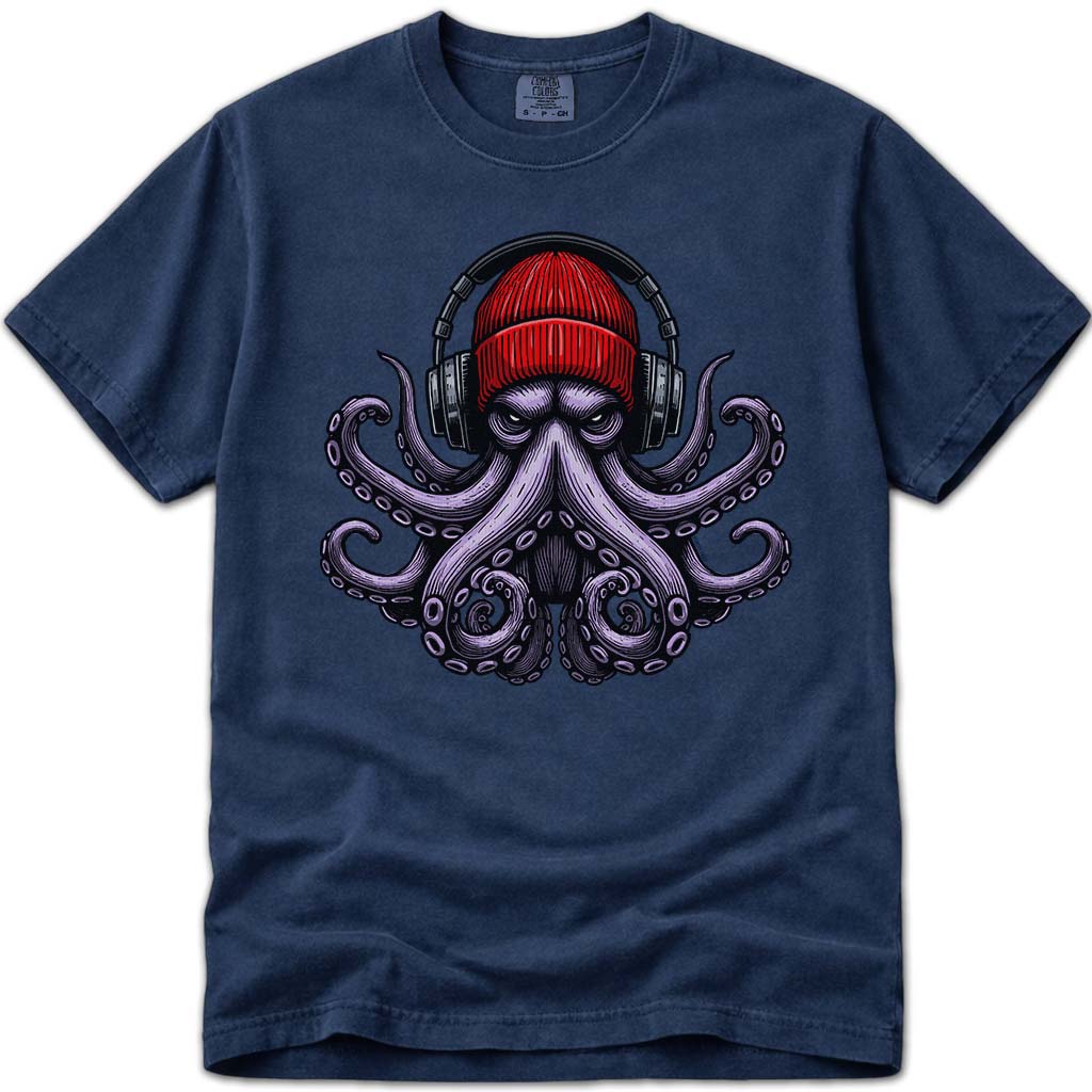 UrbanOctopus Wearing A Red Beanie Headphones T Shirt - Navy