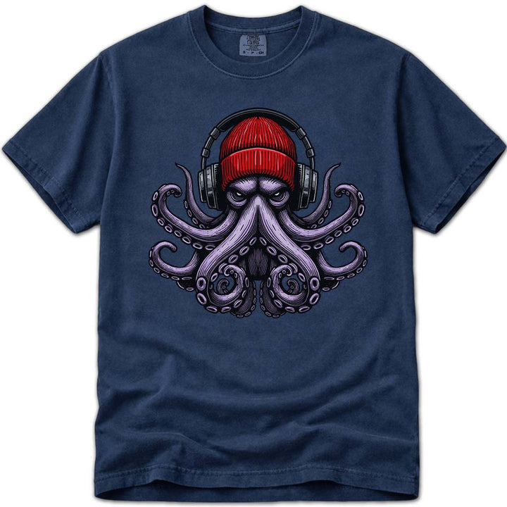 UrbanOctopus Wearing A Red Beanie Headphones T Shirt - Navy