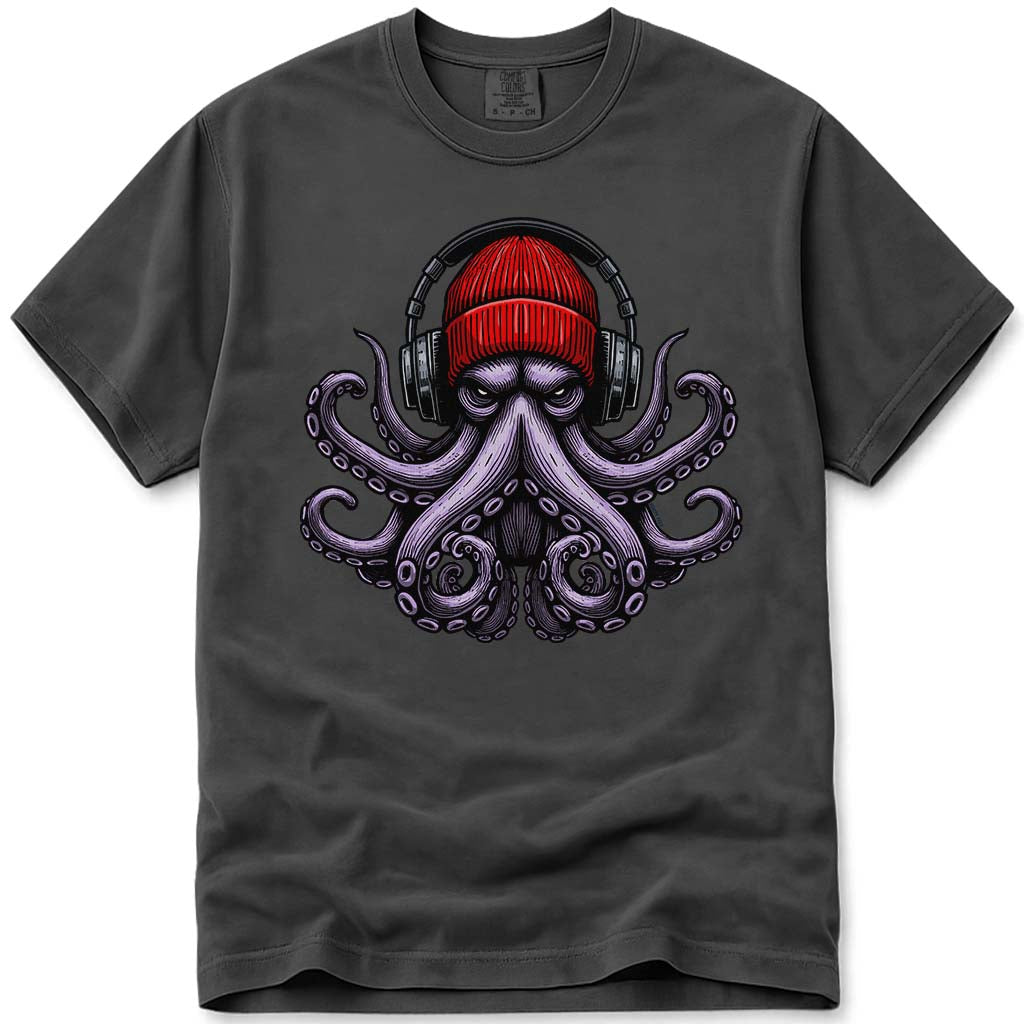 UrbanOctopus Wearing A Red Beanie Headphones T Shirt - Pepper