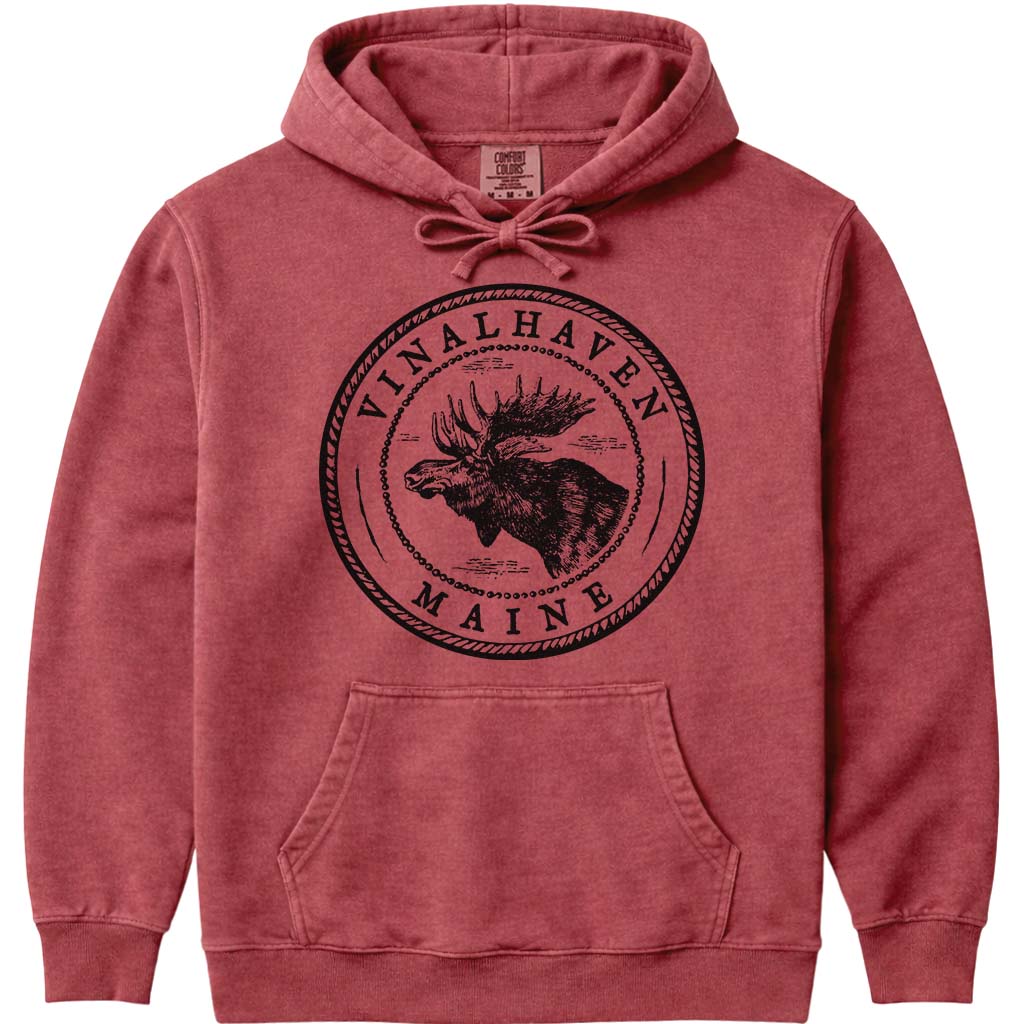 Vinalhaven Moose Sweatshirt | Vintage Maine Moose Art Hoodie - Crimson