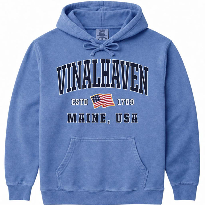 Vinalhaven Maine USA Flag Hoodie Sweatshirt - Flo Blue