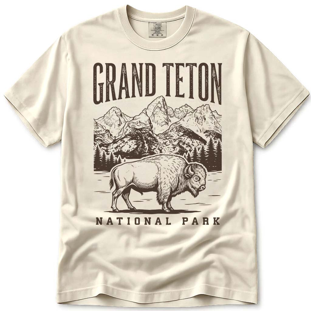 Vintage Bison Grand Teton National Park T Shirt - Ivory
