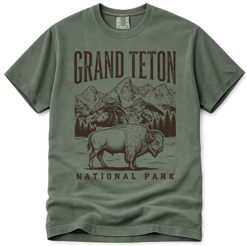 Vintage Bison Grand Teton National Park T Shirt - Moss