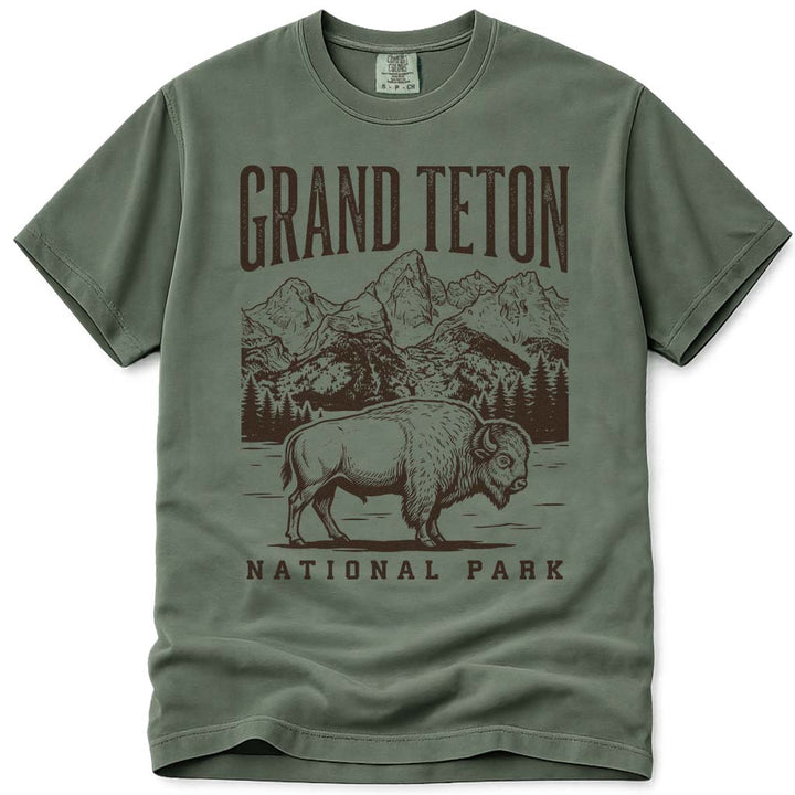 Vintage Bison Grand Teton National Park T Shirt - Moss