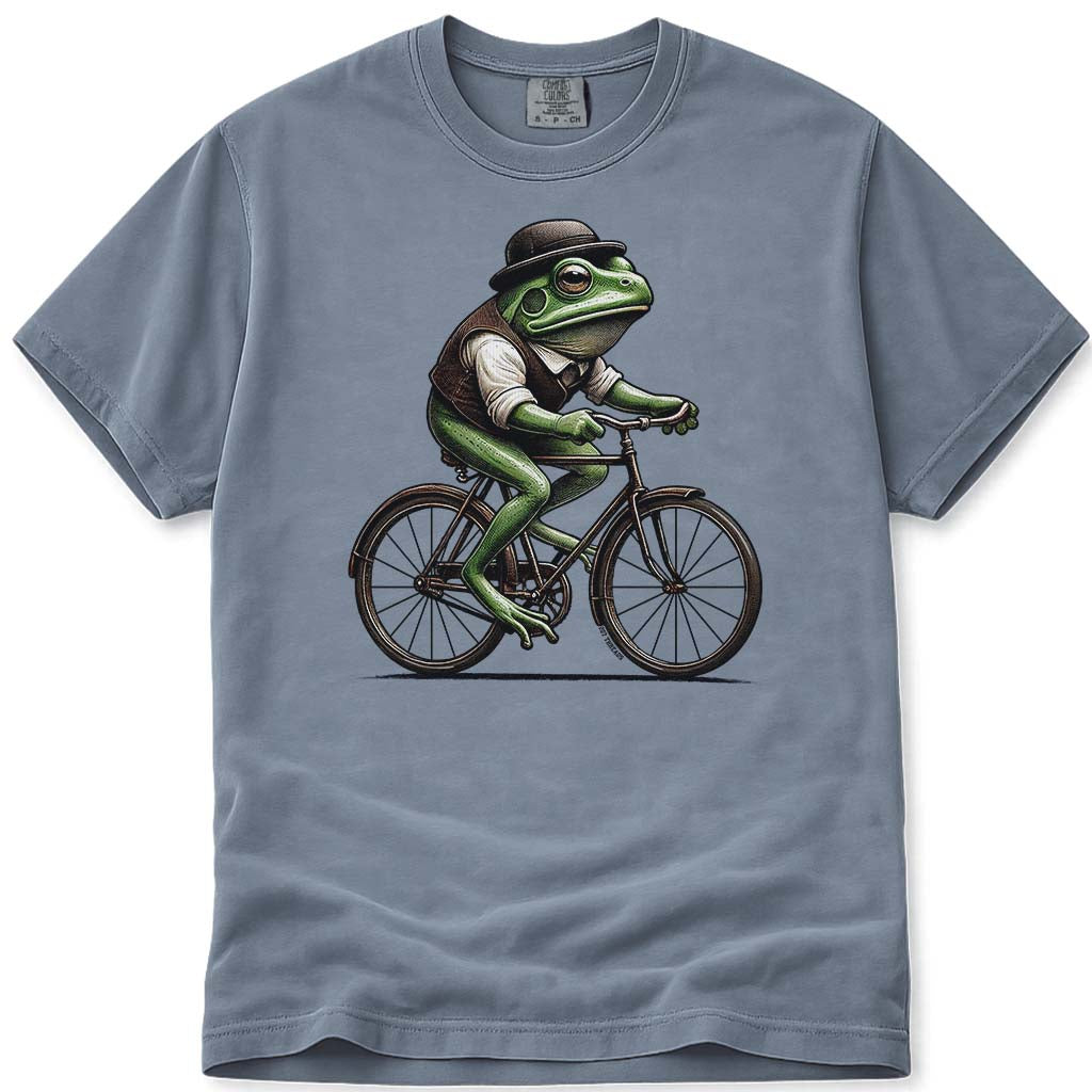 Vintage Frog Riding A Bicycle T Shirt - Blue Jean