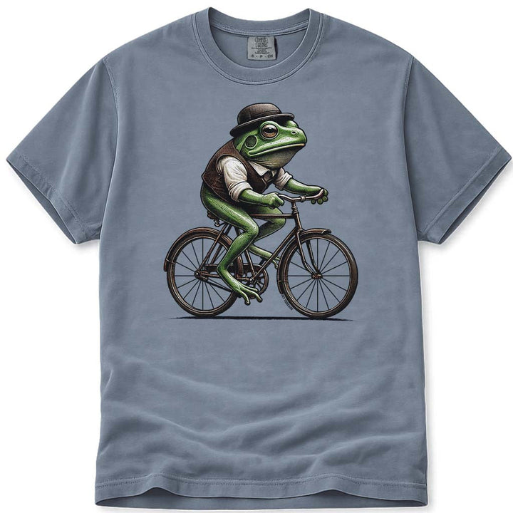 Vintage Frog Riding A Bicycle T Shirt - Blue Jean