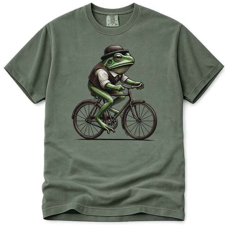 Vintage Frog Riding A Bicycle T Shirt - Moss
