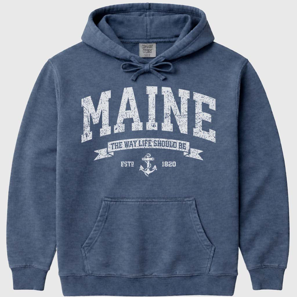 Vintage Maine 1820 Anchor Hoodie Sweatshirt - Denim