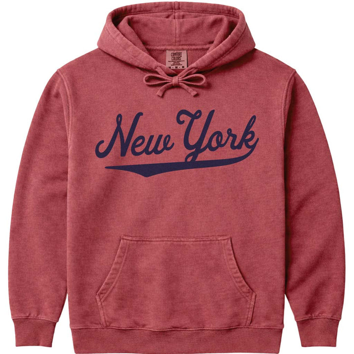 Vintage New York Hoodie NY Baseball Script Sweatshirt - Crimson