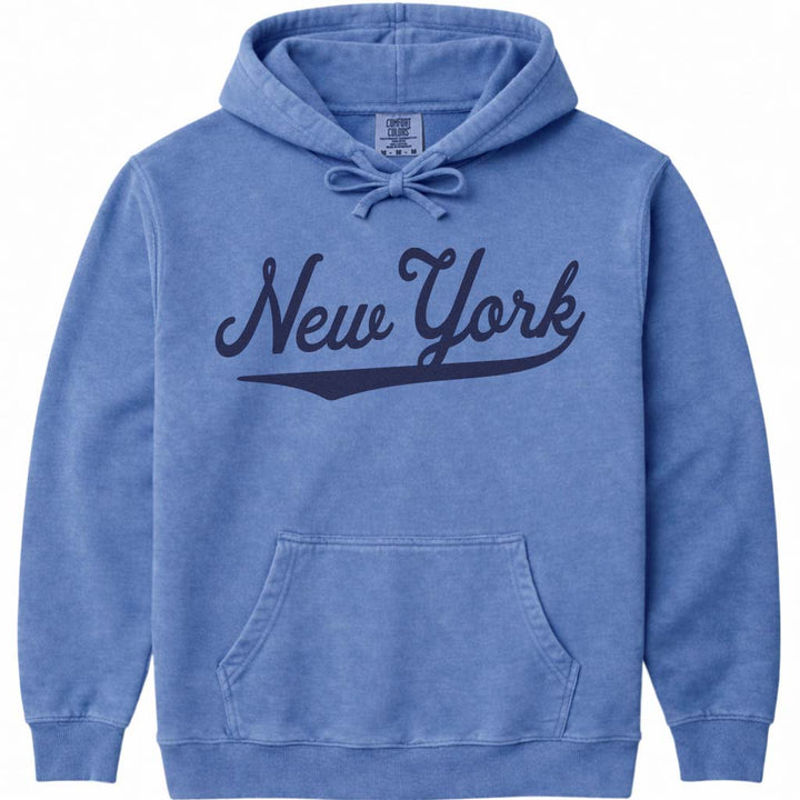Vintage New York Hoodie NY Baseball Script Sweatshirt - Flo Blue