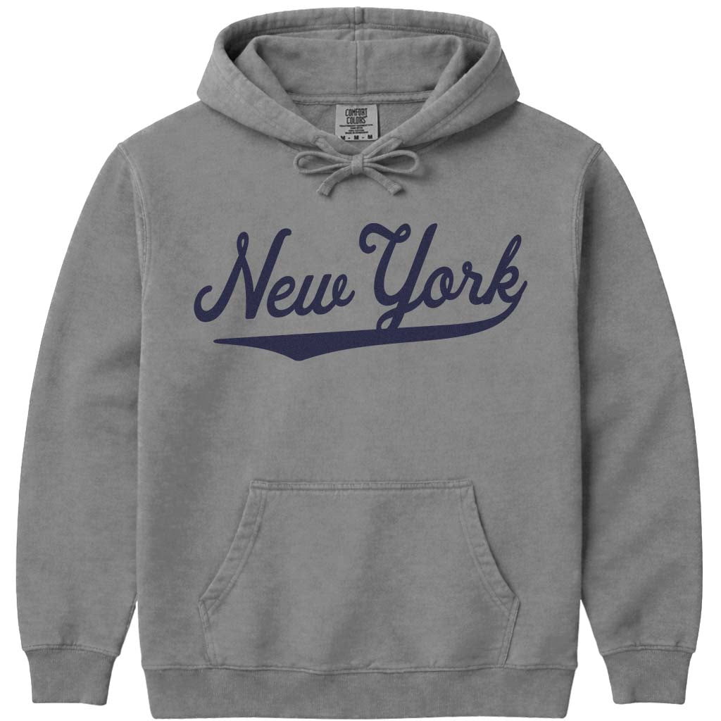 Vintage New York Hoodie NY Baseball Script Sweatshirt - Grey