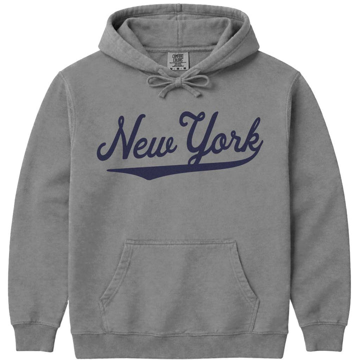 Vintage New York Hoodie NY Baseball Script Sweatshirt - Grey