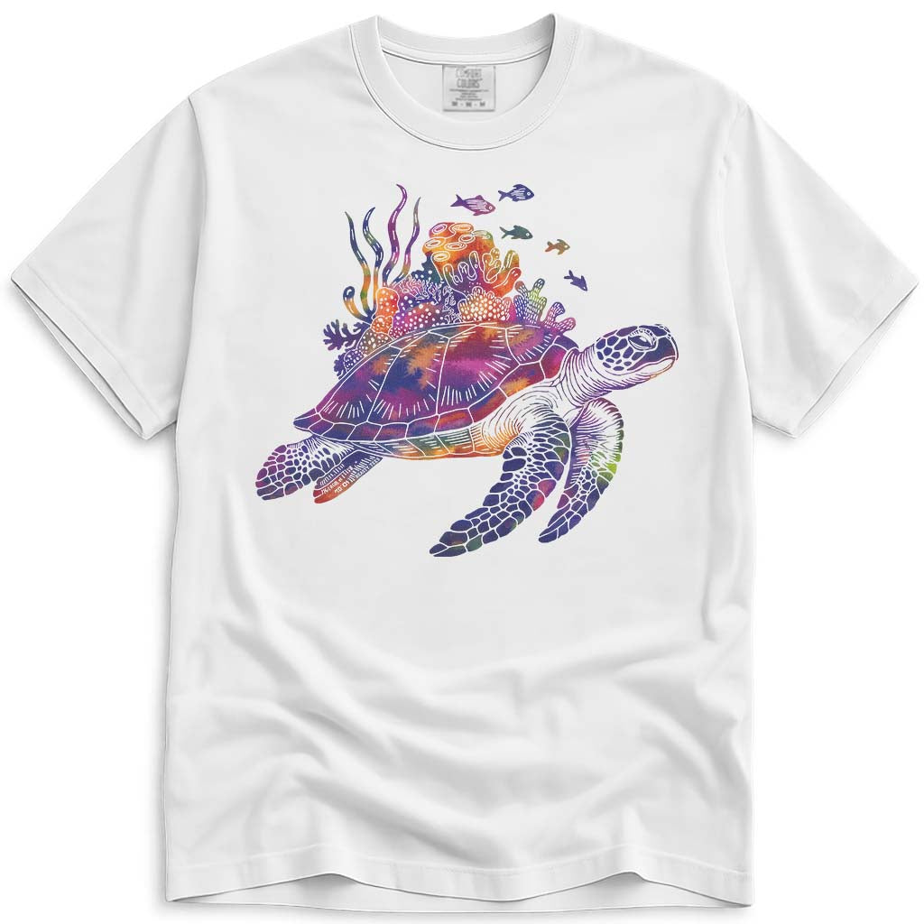 Watercolor Coral Reef Sea Turtle T Shirt - White