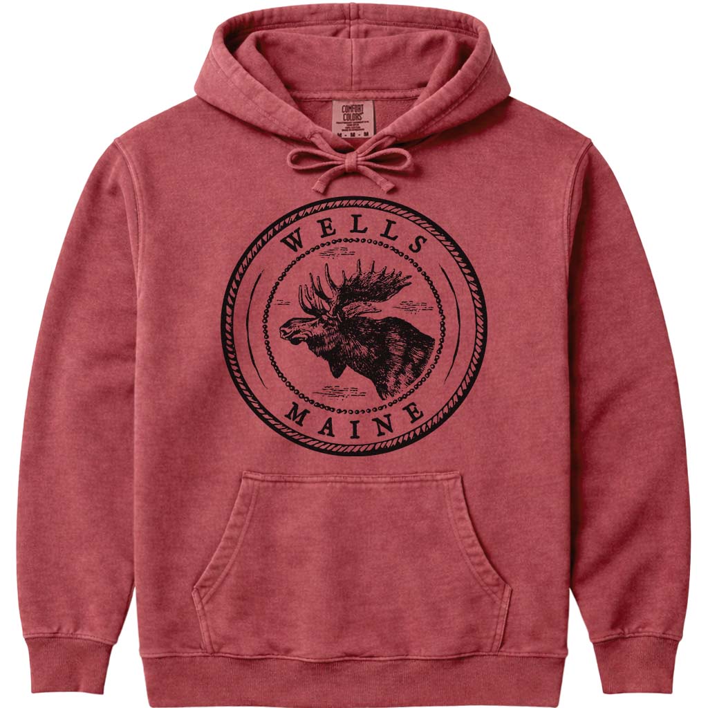 Wells Moose Sweatshirt | Vintage Maine Moose Art Hoodie - Crimson
