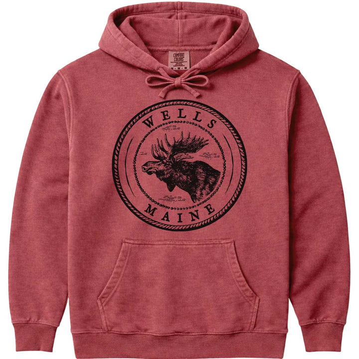 Wells Moose Sweatshirt | Vintage Maine Moose Art Hoodie - Crimson