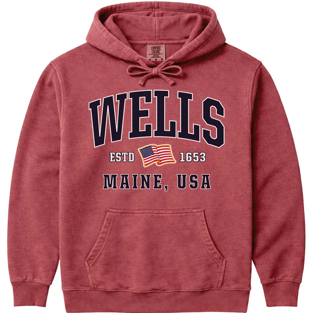 Wells Maine USA Flag Hooded Sweatshirt - Crimson