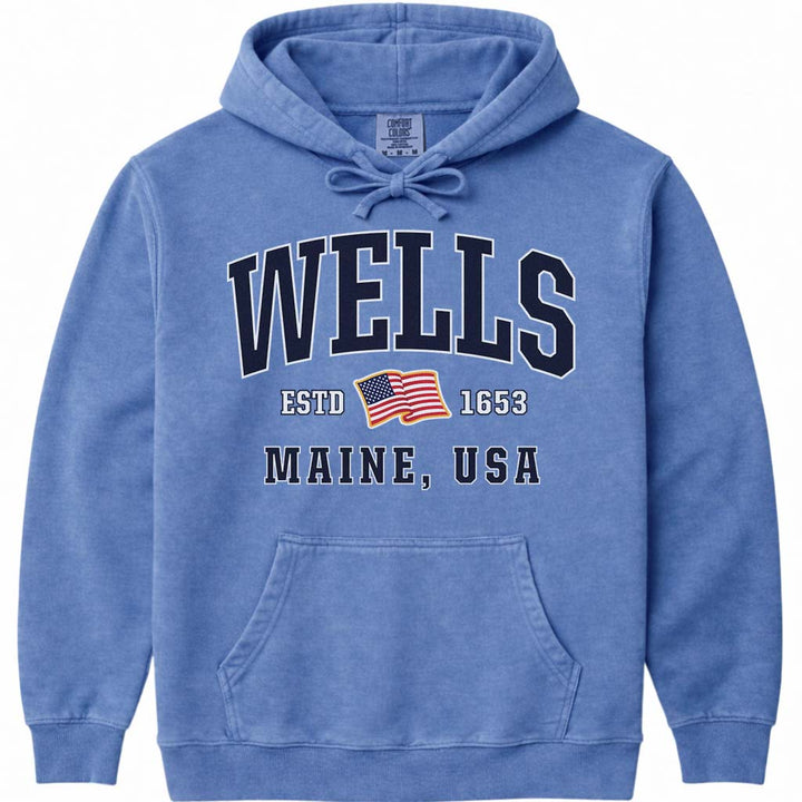 Wells Maine USA Flag Hooded Sweatshirt - Flo Blue