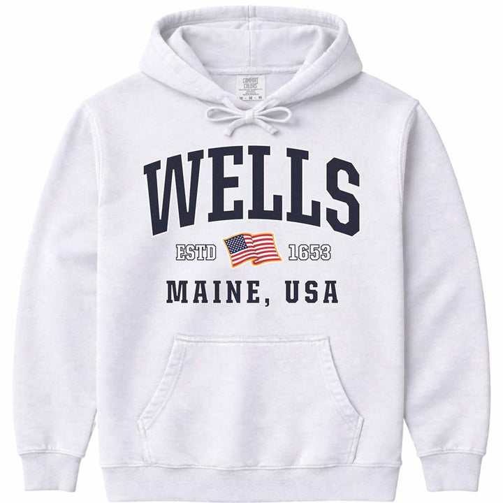 Wells Maine USA Flag Hooded Sweatshirt - White