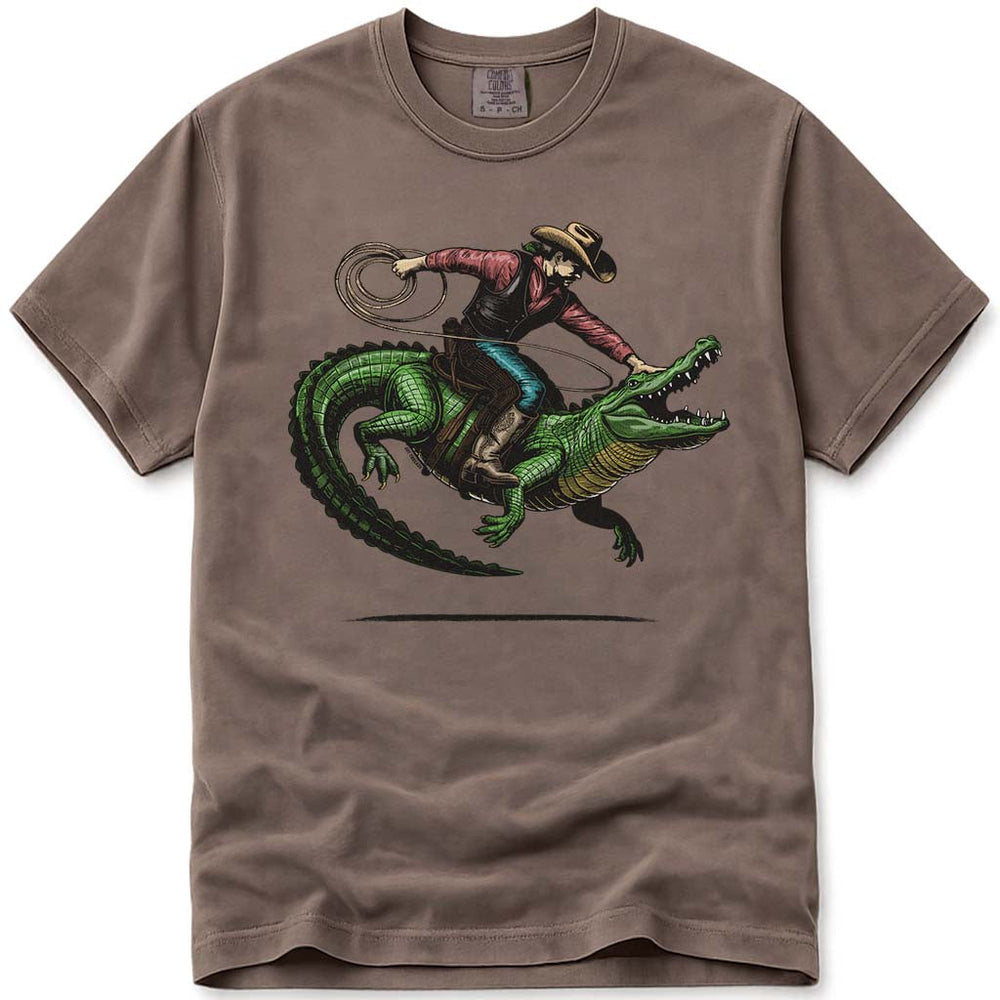 Western Rodeo Cowboy Riding Alligator T Shirt - Espresso