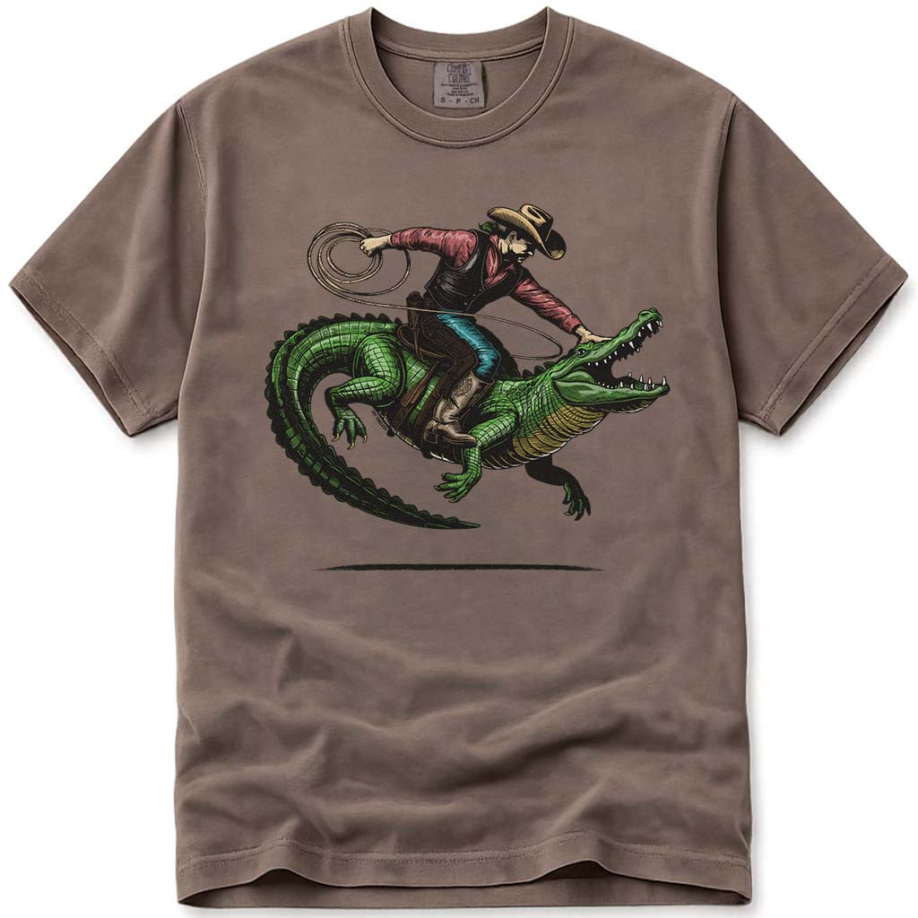Western Rodeo Cowboy Riding Alligator T Shirt - Espresso