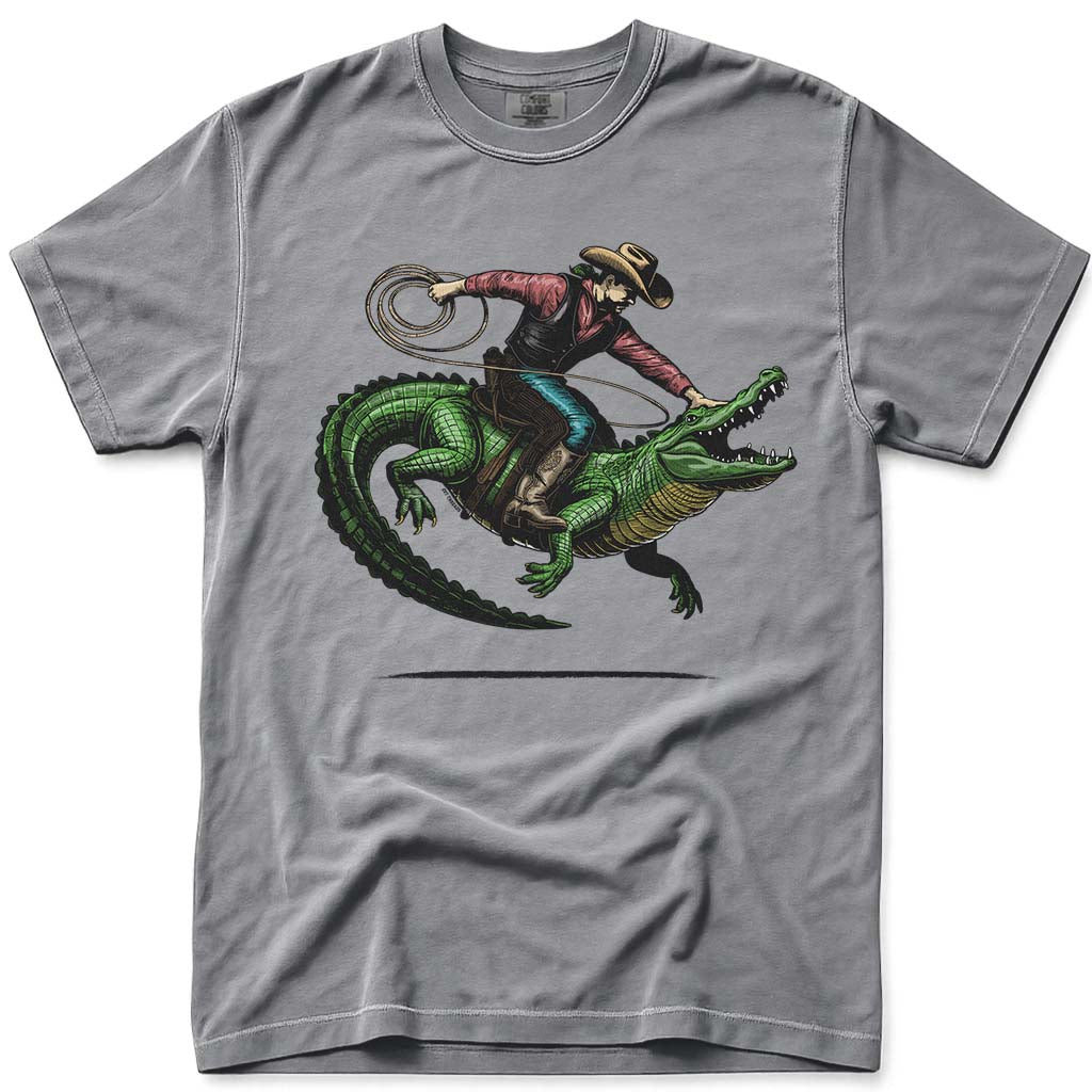 Western Rodeo Cowboy Riding Alligator T Shirt - Grey
