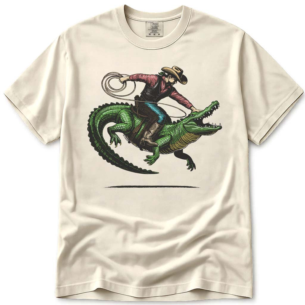 Western Rodeo Cowboy Riding Alligator T Shirt - Ivory