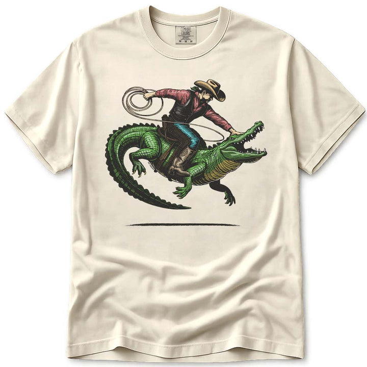 Western Rodeo Cowboy Riding Alligator T Shirt - Ivory