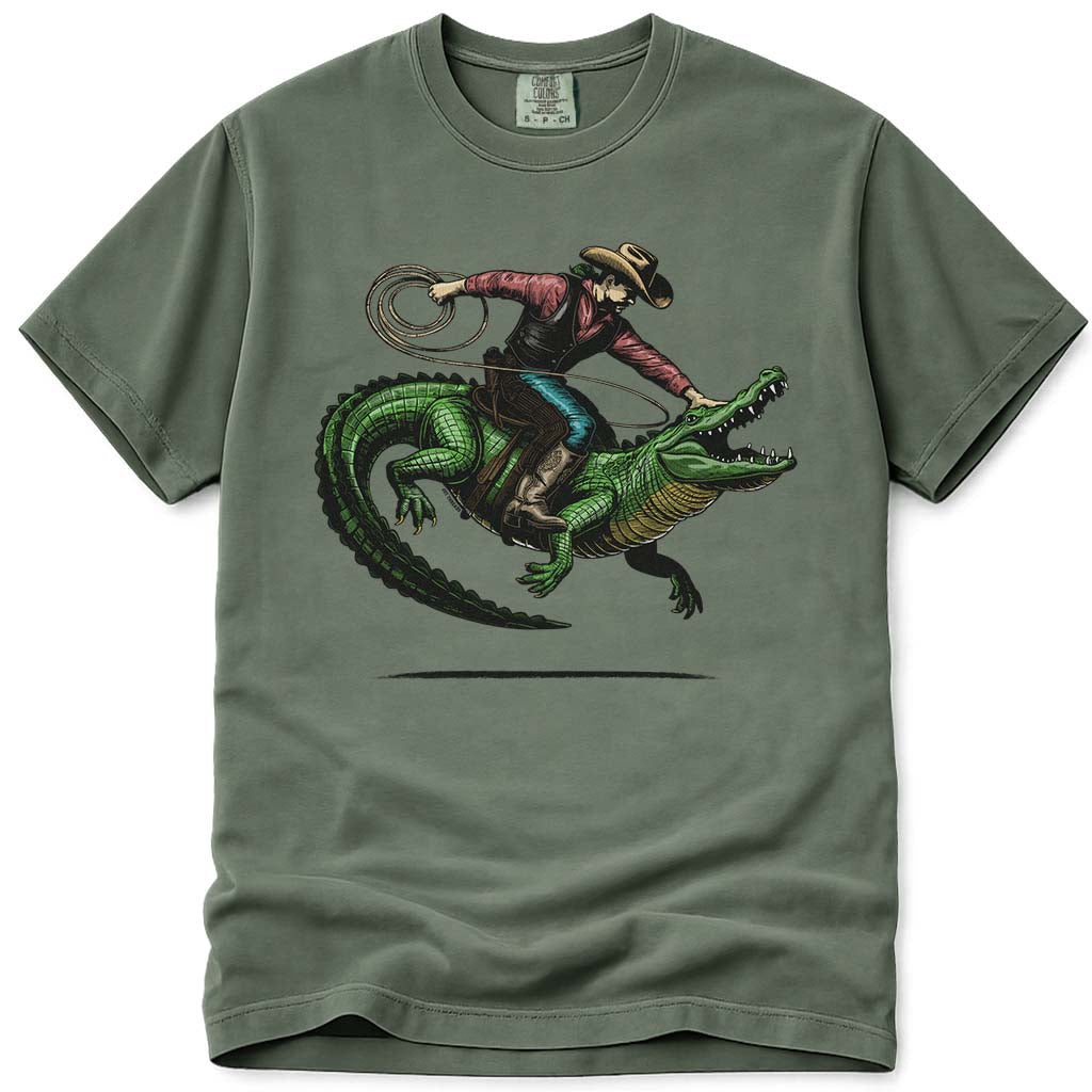 Western Rodeo Cowboy Riding Alligator T Shirt - Moss