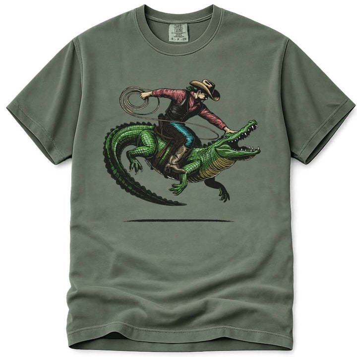 Western Rodeo Cowboy Riding Alligator T Shirt - Moss