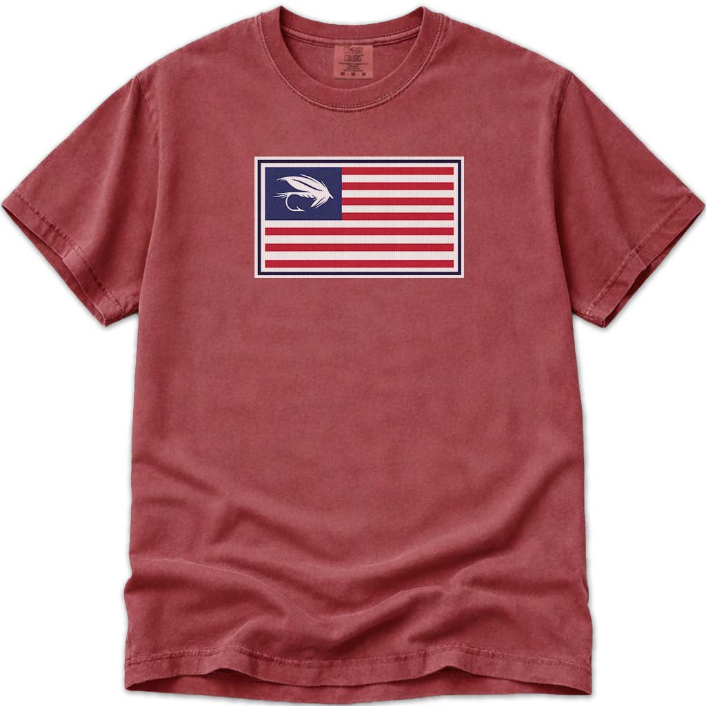 Wet Fly Fishing USA Flag T Shirt - Crimson