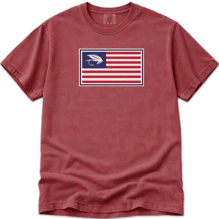 Wet Fly Fishing USA Flag T Shirt - Crimson