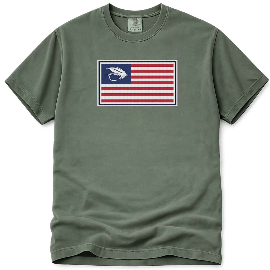 Wet Fly Fishing USA Flag T Shirt - Moss