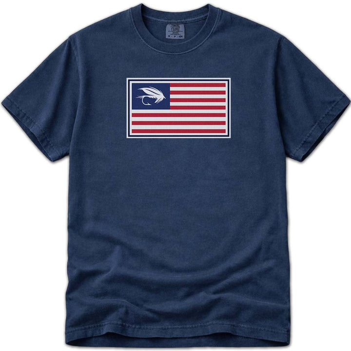 Wet Fly Fishing USA Flag T Shirt - Navy
