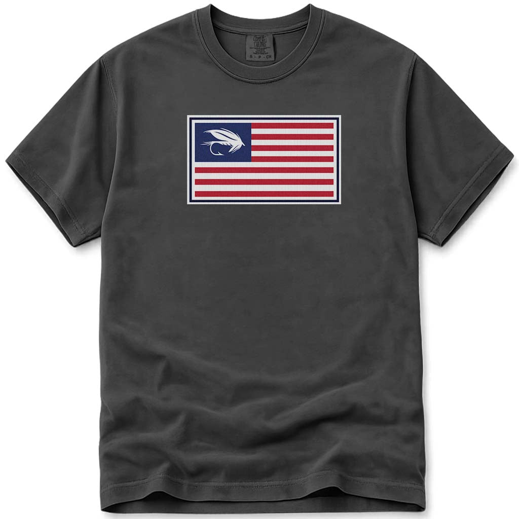 Wet Fly Fishing USA Flag T Shirt - Pepper