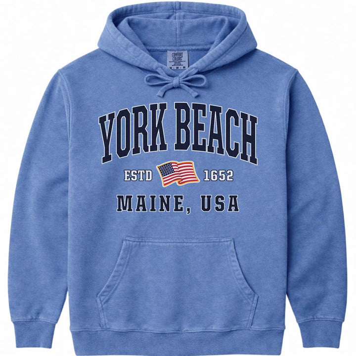 York Beach USA Flag Hoodie Sweatshirt - Flo Blue
