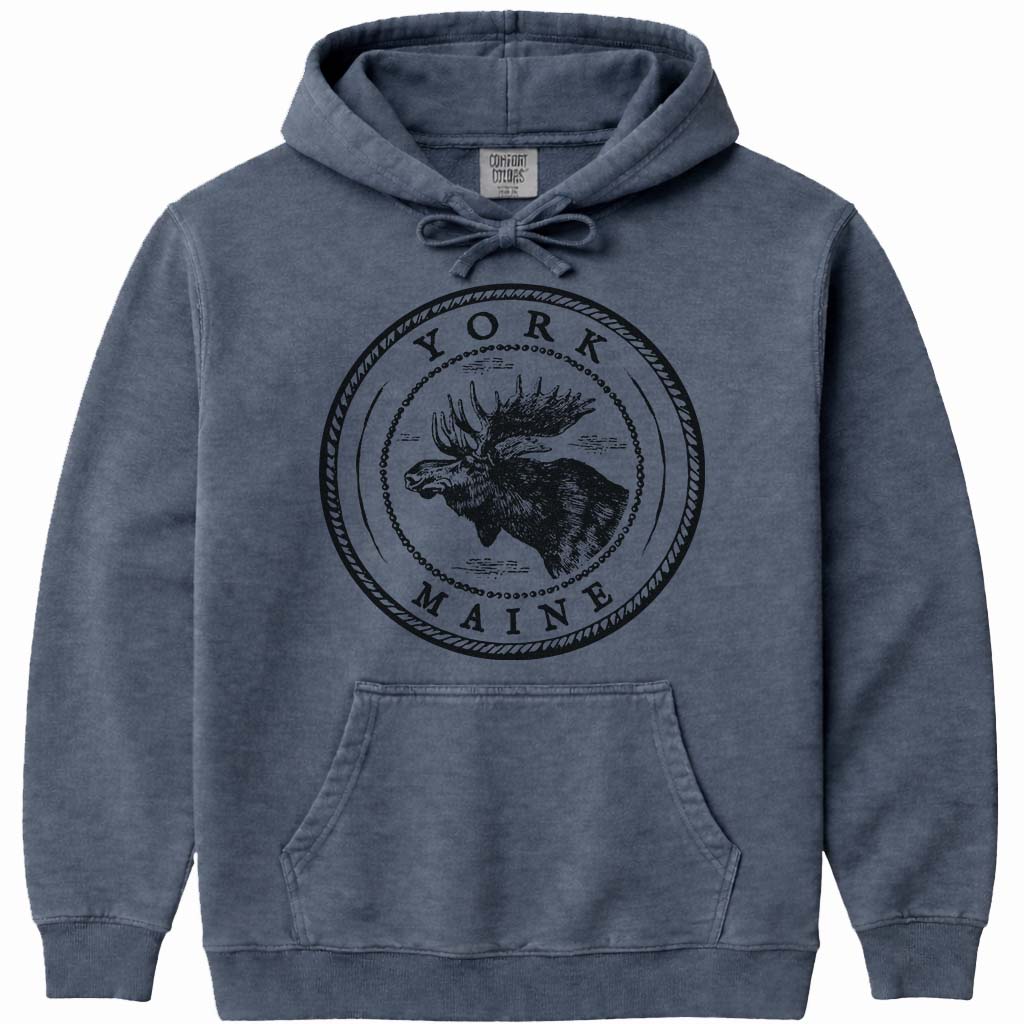 York Moose Sweatshirt | Vintage Maine Moose Art Hoodie - Denim