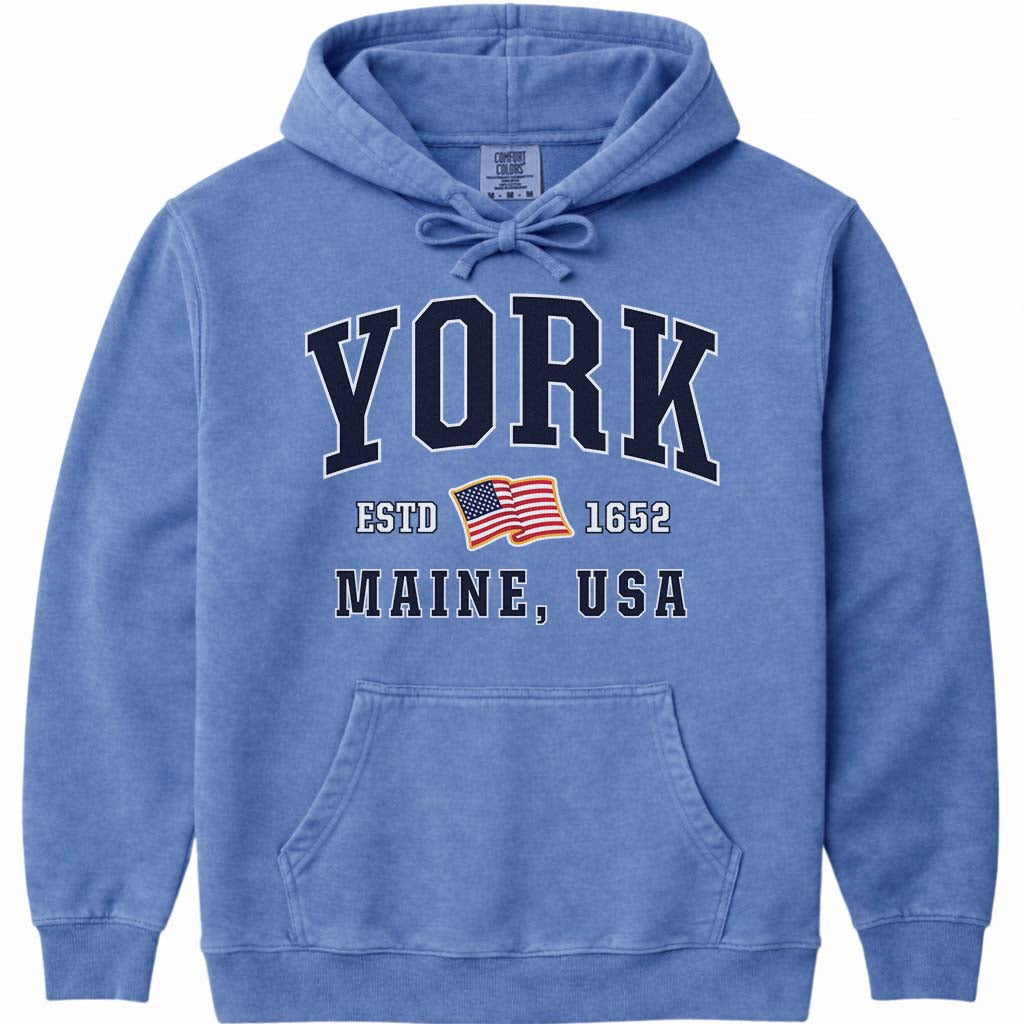 York Maine USA Flag Hoodie - Flo Blue