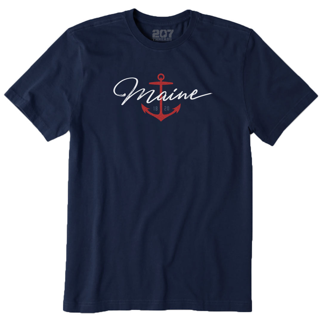 Maine T Shirt - Navy Shirt with White Script Red Anchor Nautical