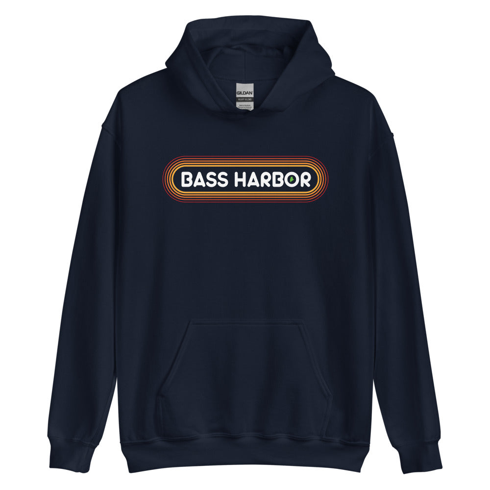 70's Retro Bass Harbor Maine Hooded Sweatshirt - Outline Sunshine Glow Hoodie