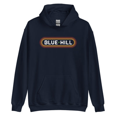 70's Retro Blue Hill Maine Hooded Sweatshirt - Outline Sunshine Glow Hoodie
