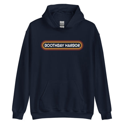 70's Retro Boothbay Harbor Maine Hooded Sweatshirt - Outline Sunshine Glow Hoodie