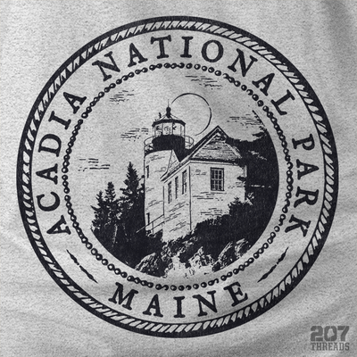 Acadia National Park, Maine - Bass Harbor Head Light Lighthouse Seal Logo - Long Sleeve T-Shirt (Unisex) - 207 Threads