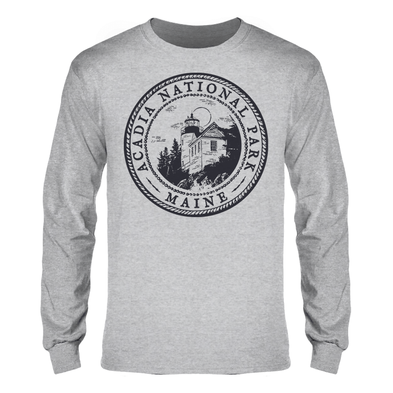 Acadia National Park, Maine - Bass Harbor Head Light Lighthouse Seal Logo - Long Sleeve T-Shirt (Unisex) - 207 Threads