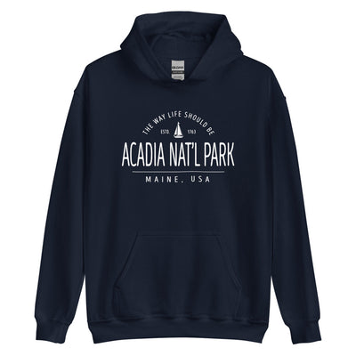 Cute Acadia National Park Maine Sweatshirt - Region Icon Hoodie (Moose, Sailboat, or Pine Tree)
