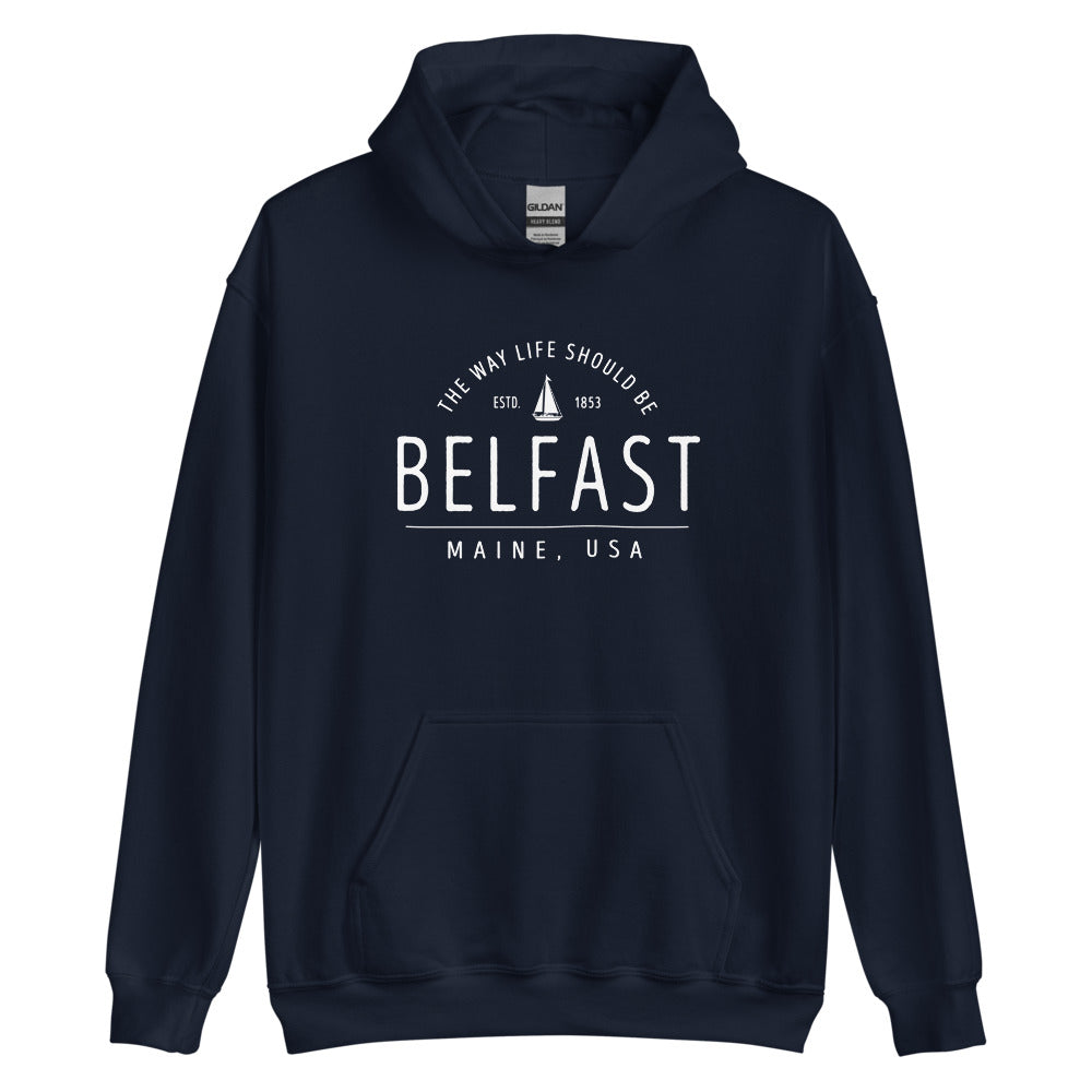 Cute Belfast Maine Sweatshirt - Region Icon Hoodie (Moose, Sailboat, or Pine Tree)
