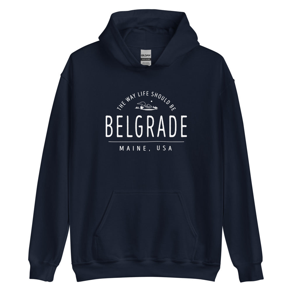 Cute Belgrade Lakes Maine Sweatshirt - Region Icon Hoodie (Moose, Sailboat, or Pine Tree)