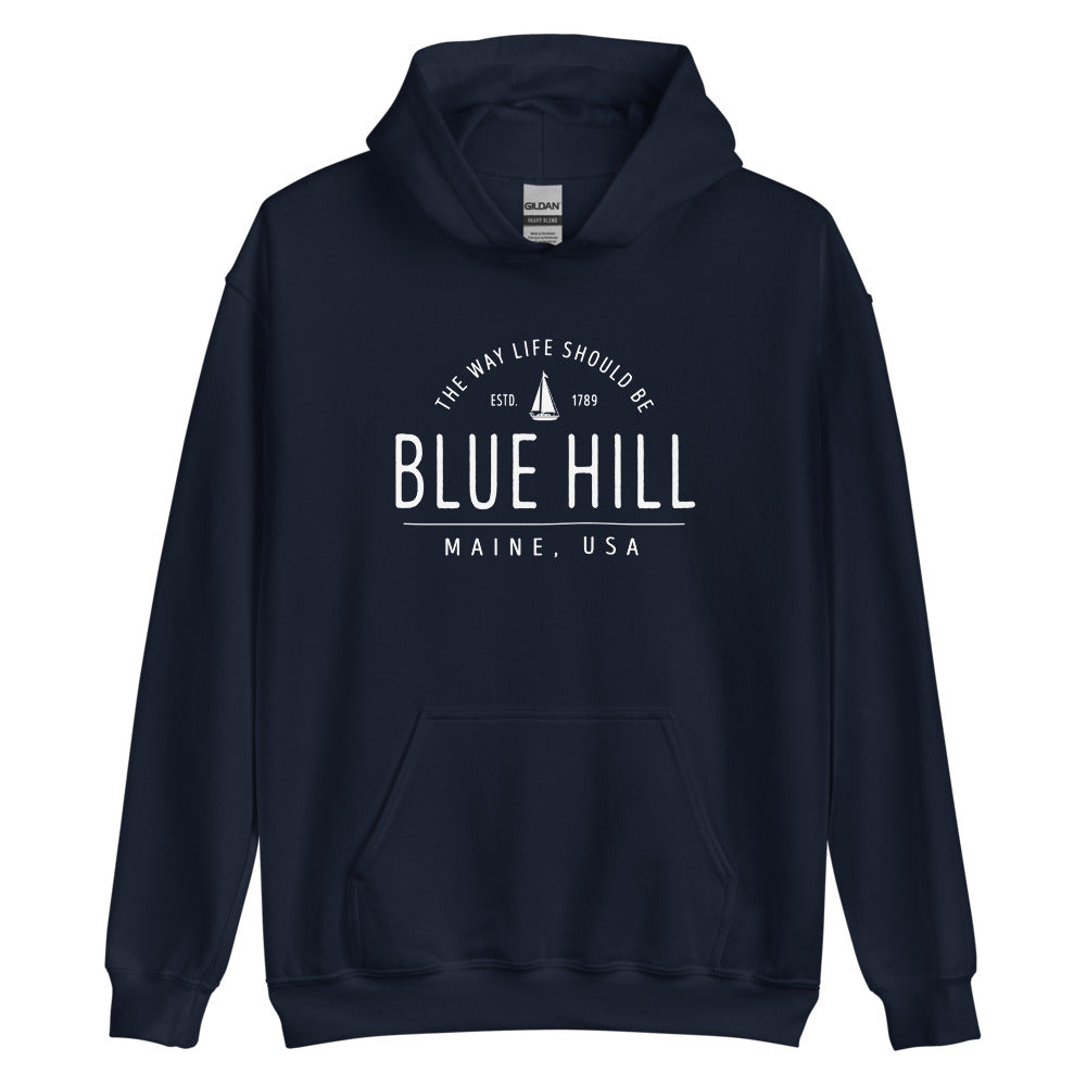 Cute Blue Hill Maine Sweatshirt - Region Icon Hoodie (Moose, Sailboat, or Pine Tree)