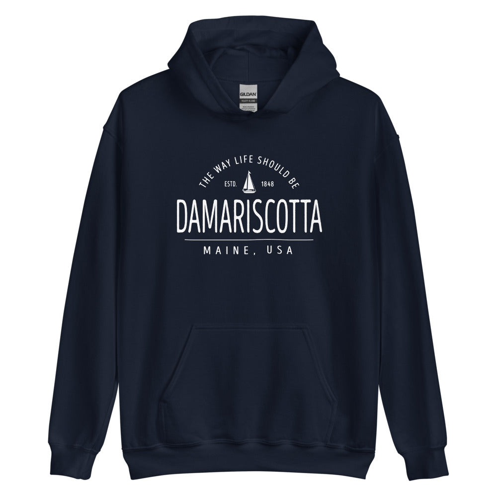Cute Damariscotta Maine Sweatshirt - Region Icon Hoodie (Moose, Sailboat, or Pine Tree)