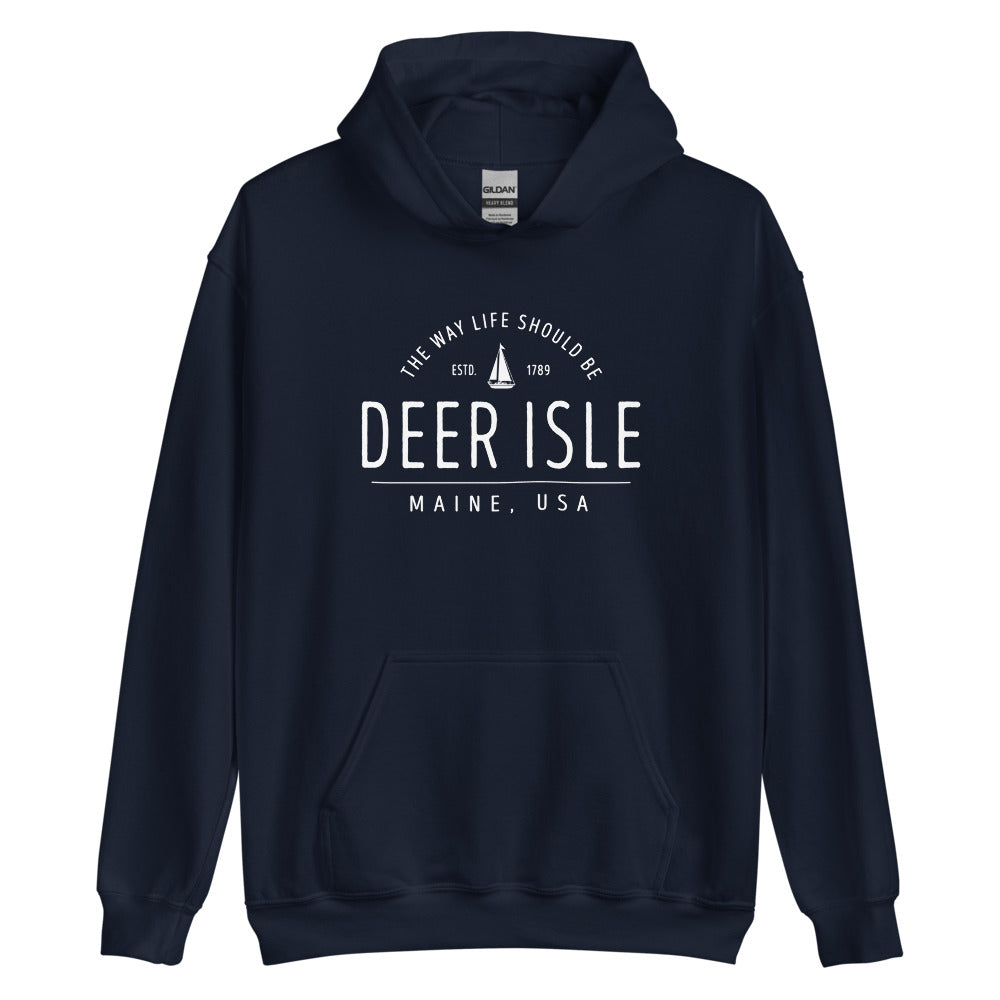 Cute Deer Isle Maine Sweatshirt - Region Icon Hoodie (Moose, Sailboat, or Pine Tree)