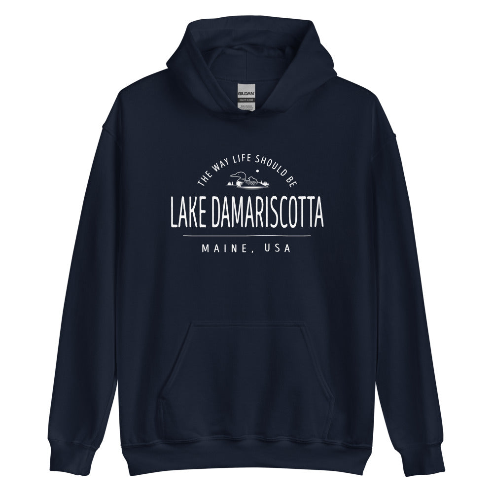 Cute Lake Damariscotta Maine Sweatshirt - Region Icon Hoodie (Moose, Sailboat, or Pine Tree)